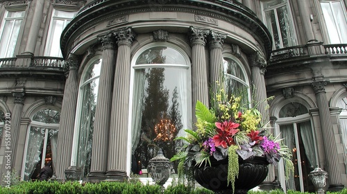 Southern-style home with wrap-around porch, white columns, and rocking chairs, bathed in golden light amid lush greenery. Classic elegance meets 