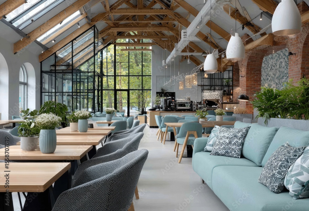A large open space with high ceilings, industrial style interior design of an co-working office in pale green and black colors A large open space with high ceilings, industrial style interior design of an co-working office in pale green and black colors