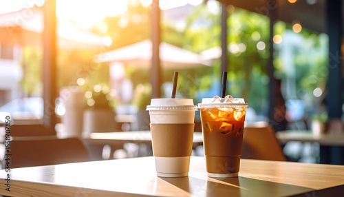 Iced coffees on a cafe table