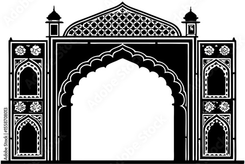 Ornate Black and White Mughal Archway;  Intricate Architectural Design;  Elegant, Symbolic Gateway;  India, Islamic,  Cultural Heritage.