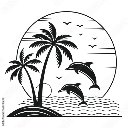 Tropical Island Paradise Scene with Palm Trees Dolphins and Ocean Waves