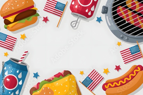 Patriotic 4th of july bbq food frame with burgers hotdogs and flags