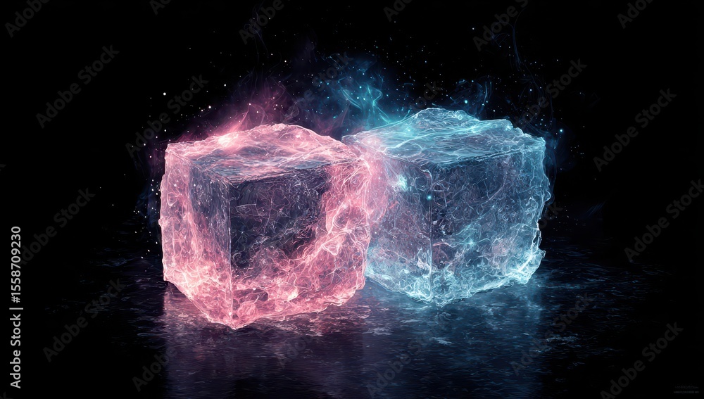 Obraz premium Two luminous cubic forms, one pink, one blue, seemingly composed of energy or ice, glow against a black background, their reflections mirrored below