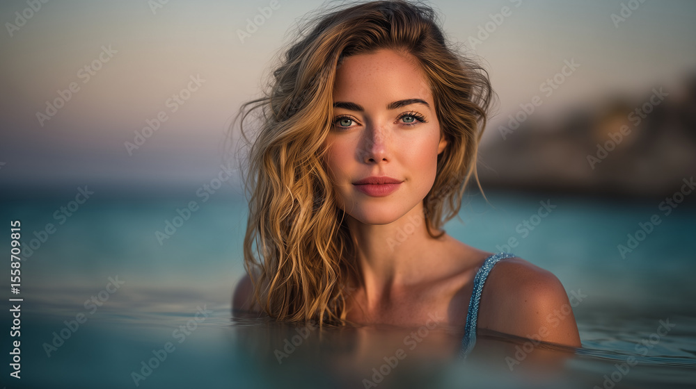 Young Woman with Wavy Blonde Hair Wearing Blue Dress in Water at Sunset Young Woman with Wavy Blonde Hair Wearing Blue Dress in Water at Sunset