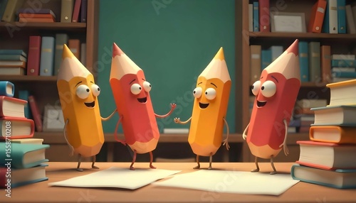 Charming 3D Cartoon Characters and Pencils