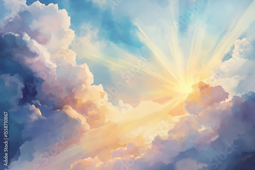 Watercolor pastel summer clouds with soft golden sunshine streaks