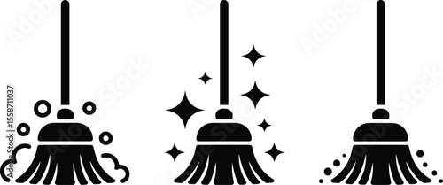 Broom Icons Set, Cleaning Tools Silhouette Clipart with Soap and Sparkles.