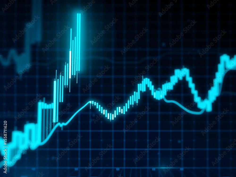 Naklejka premium Glowing candlestick chart over dark abstract tech interface background – clean futuristic financial concept with no text or numbers, ideal for business, investment, and stock market visualizations
