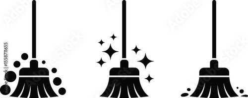Broom Icons Set, Cleaning Tools Silhouette Clipart with Soap and Sparkles.