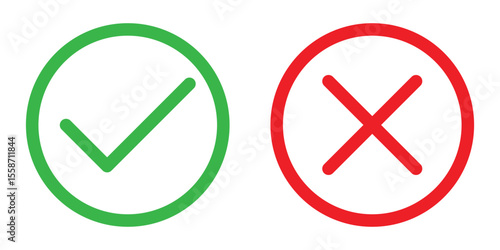 Tick and cross icon. green tick and red cross button. vector illustration.