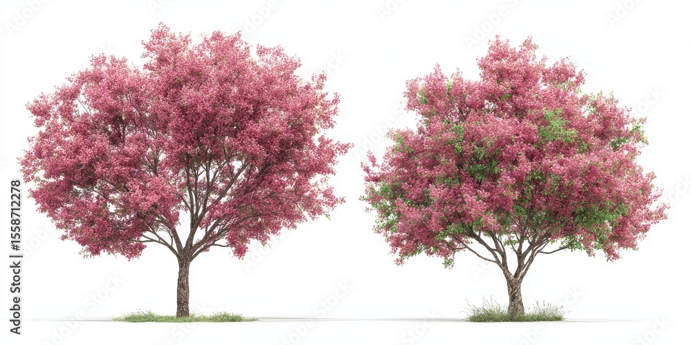 Obraz premium Two flowering trees, one fully pink, the other showing hints of green amidst pink blossoms, set against a white background