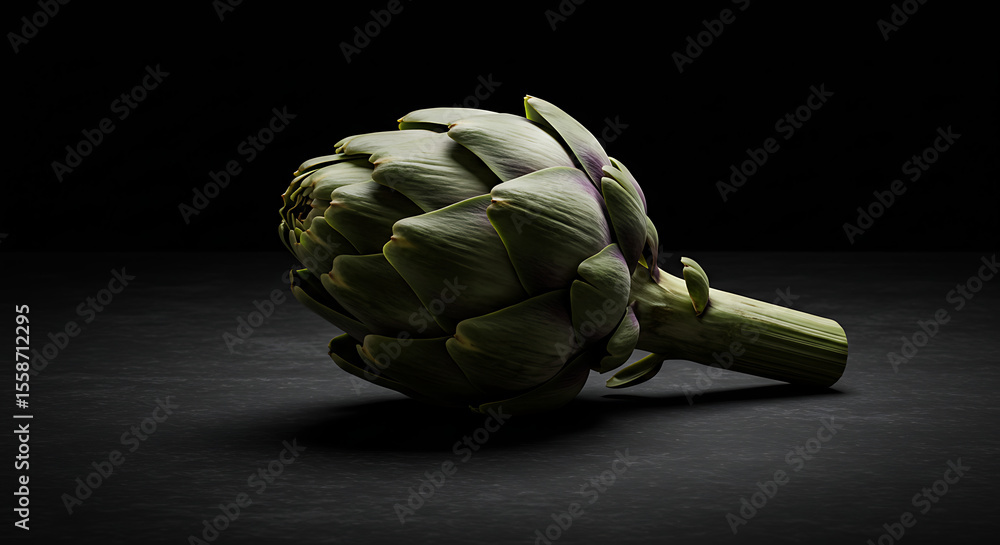 Fototapeta premium Fresh Green Artichoke with Textured Leaves and Stem on Dark Surface 2.