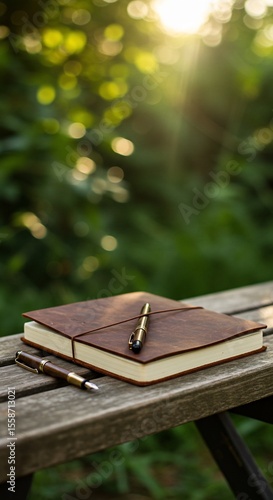 Leather-bound journal with pens on a weathered wooden bench in dappled sunlight