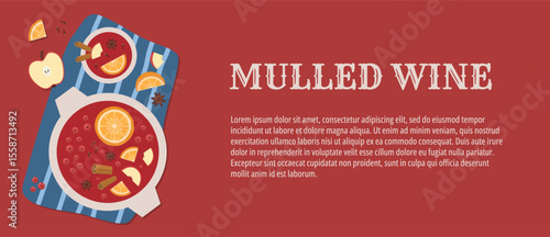 Mulled Wine Template. Horizontal Banner with Hot Wine and Spices. 