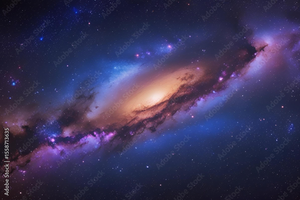 Fototapeta premium A vibrant spiral galaxy with a bright yellow core and purple dust lanes.