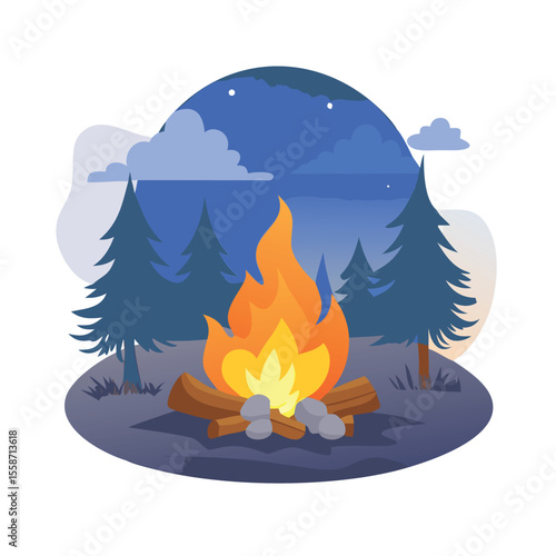 Cozy campfire glowing warmly in the heart of a forest vector art design 