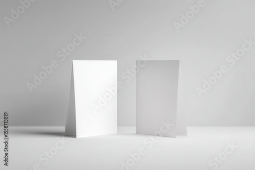 Two blank, upright, white cards stand on a minimalist grey surface against a muted grey backdrop;  simple, clean presentation