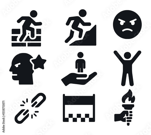 Design Sprint Icons Grid. Flat icon set of design sprint sessions: time clock, wireframe board, rapid
