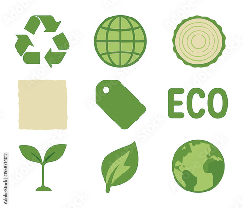 Eco Icon Set. Flat icon set of eco-themed graphic motifs: recycle symbol, green globe, tree ring, paper