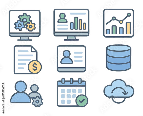 Enterprise Tools Icons. Flat icon set of enterprise software tools: ERP icon, CRM dashboard, analytics chart,
