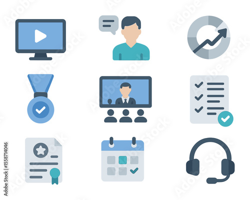 Digital Training Icons. Flat icon set of employee digital training: e-learning module, virtual instructor,