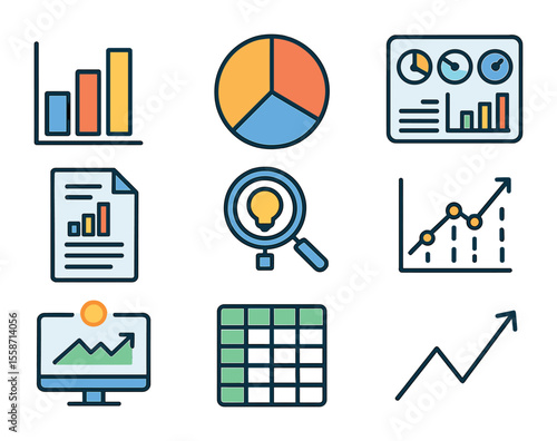 Data Analytics Icons. Flat icon set of business data analytics: bar chart, pie graph, KPI dashboard, data