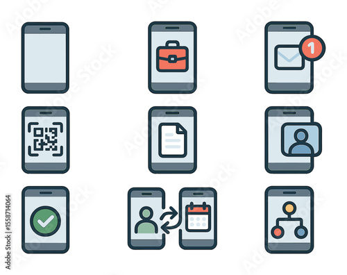 Mobile Business Tools Icons. Flat icon set of mobile-enabled business tools: smartphone, business app icon,