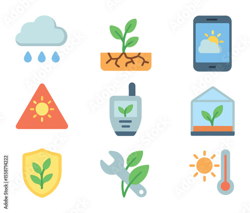 Climate-Smart Agriculture Icons. Flat icon set of climate-smart agriculture: rain cloud, drought icon, weather