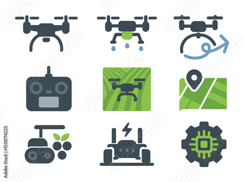 Agricultural Drones Icons. Flat icon set of agricultural drones and robotics: quadcopter drone, spraying
