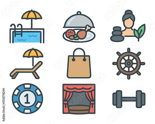 Cruise Amenities Icons. Flat icon set of cruise ship amenities: pool deck, buffet plate, spa icon, lounge