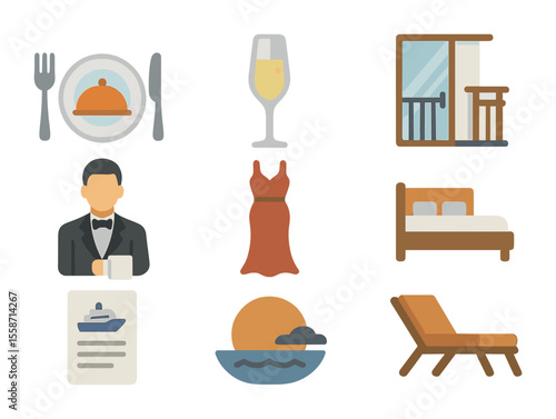 Luxury Cruise Icons. Flat icon set of luxury cruise lifestyle: fine dining plate, champagne glass, private
