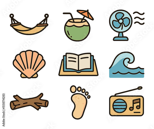 Beachside Icon Set. Flat icon set of beachside relaxation: hammock, coconut drink, ocean breeze fan, seashell,