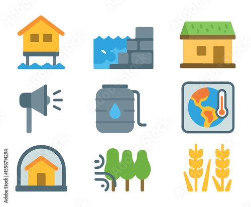 Climate Resilience Icons. Flat icon set of climate resilience infrastructure: elevated housing, seawall icon,