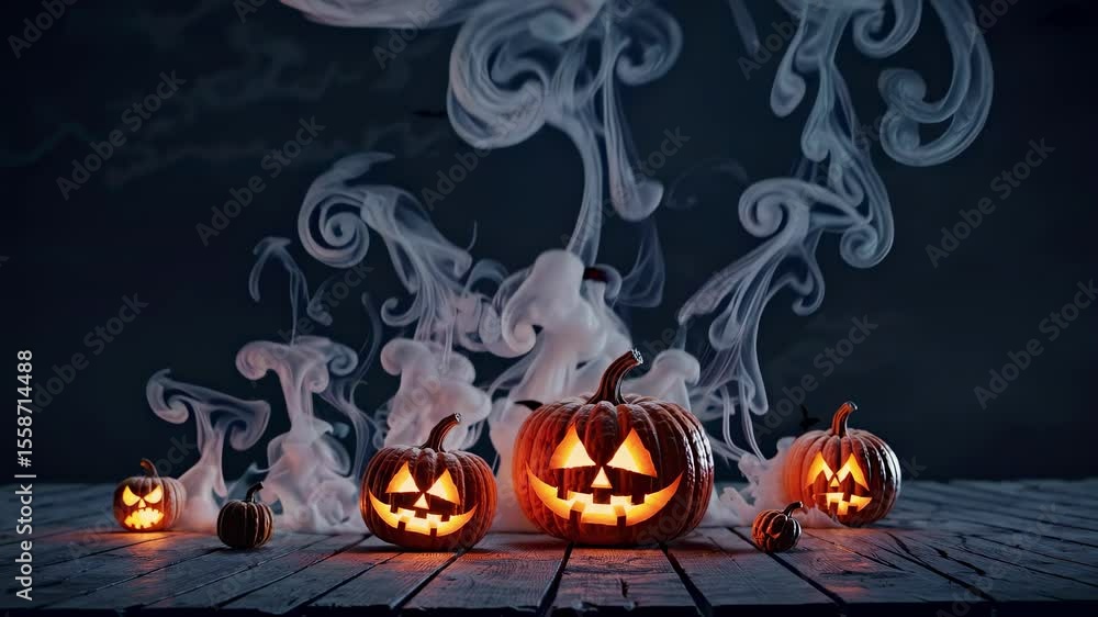 Carved glowing pumpkins on wood in smoky mist evoke halloween mystery autumn spirit spooky celebration eerie energy tradition fantasy atmosphere Carved glowing pumpkins on wood in smoky mist evoke halloween mystery autumn spirit spooky celebration eerie energy tradition fantasy atmosphere