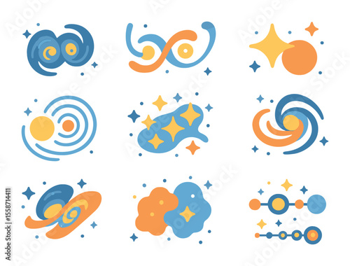 Galactic Collision Icons. Flat icon set of galactic collisions and mergers: colliding galaxies, tidal tail,