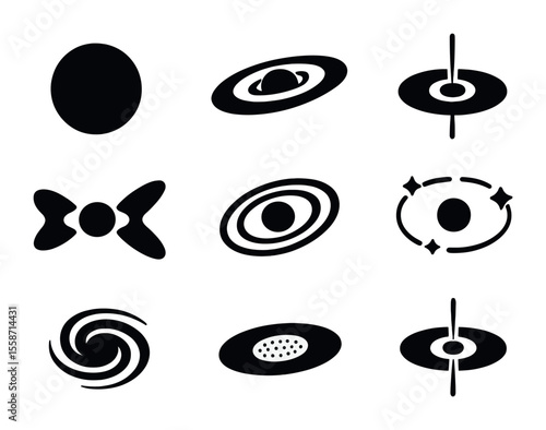 Galactic Icons Set. Flat icon set of black holes and galactic centers: supermassive black hole, accretion disk