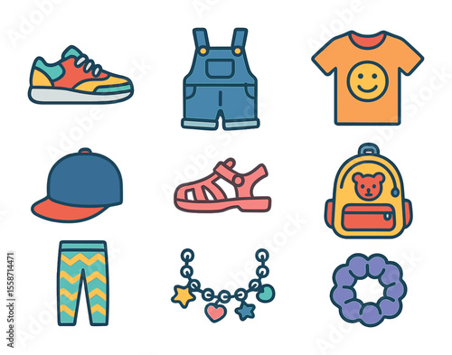 Childhood Fashion Icons. Flat icon set of childhood fashion trends and accessories: colorful sneakers, denim