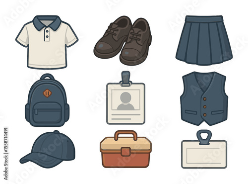 School Gear Icons. Flat icon set of school-ready looks: polo shirt, school shoes, pleated skirt, backpack, ID