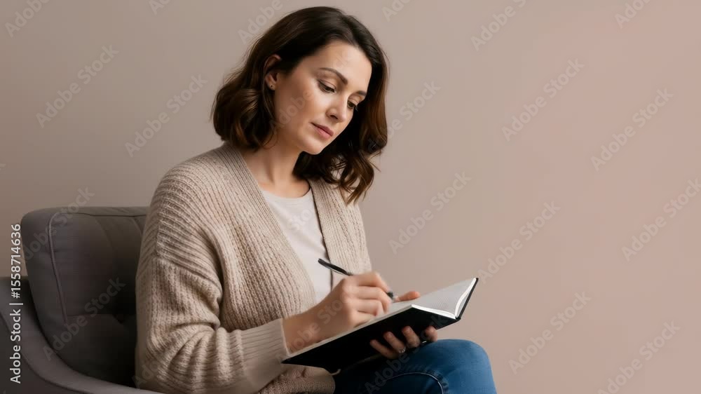 Woman writing in a notebook while sitting in a chair, expressing concentration and reflection for concept Woman writing in a notebook while sitting in a chair, expressing concentration and reflection for concept