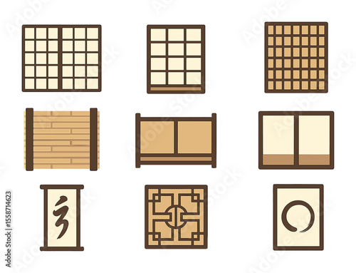 Asian Divider Icons. Flat icon set of Japanese and Asian-style dividers: shoji screen, rice paper panel, wood