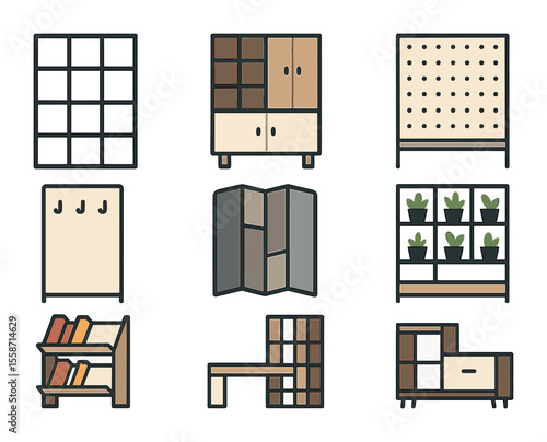 Multifunctional Room Divider Icons. Flat icon set of multifunctional room dividers: shelving partition,
