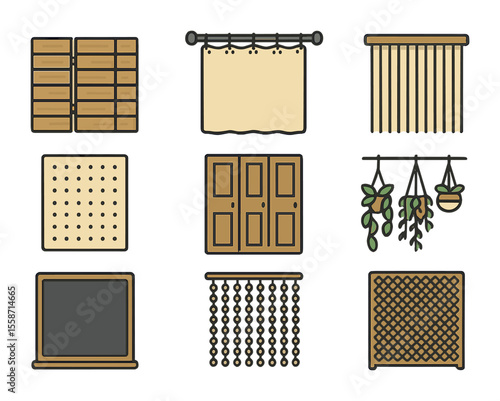 Creative DIY Dividers. Flat icon set of creative DIY dividers: pallet wood screen, curtain on pipe rod,