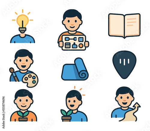 Passion Discovery Icons. Flat icon set of people discovering new passions and pursuits: lightbulb moment,