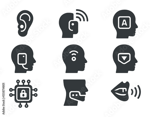Cybernetic Implant Icons. Flat icon set of cybernetic communication implants: audio implant, wireless module,
