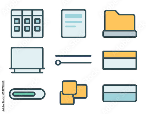 Project Organization Icons. Flat icon set of visual project organization: board with columns, task card, label