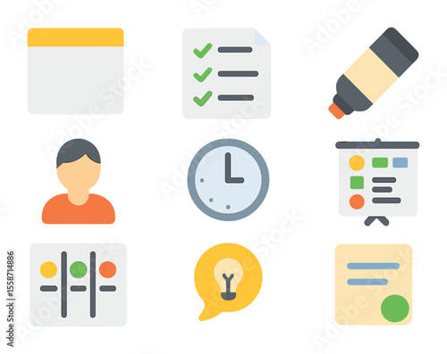 Team Meeting Icons Set. Flat icon set of team stand-up meeting boards: goal headline, action item list, color