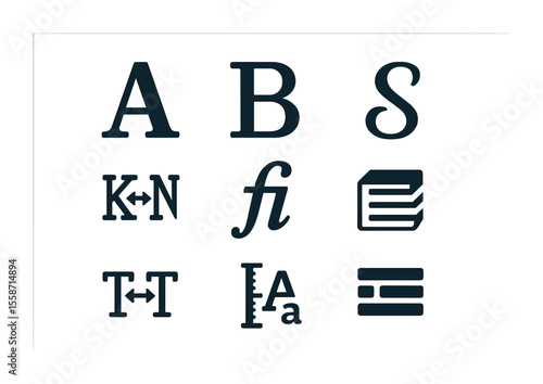 Typography Tools Icon Set. Flat icon set of typographic art: serif letter A, sans-serif letter B, script font