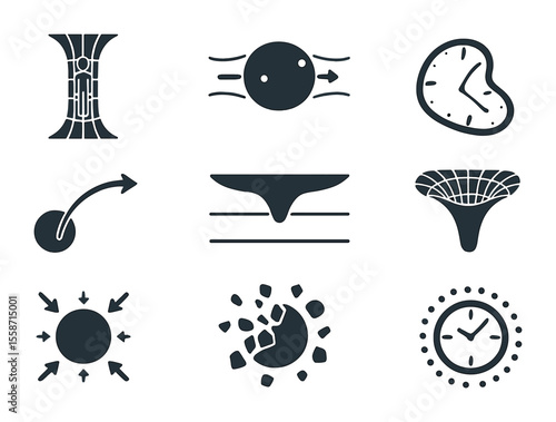 Extreme Gravity Icon Set. Flat icon set of extreme gravitational effects: spaghettification diagram, tidal