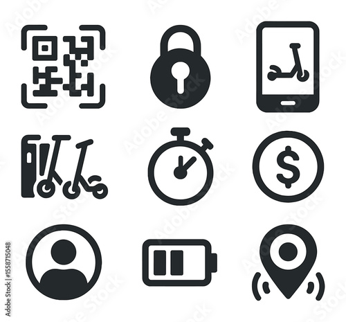 Scooter Sharing Icons. Flat icon set of scooter sharing systems: QR code scanner, unlock button, rental app,