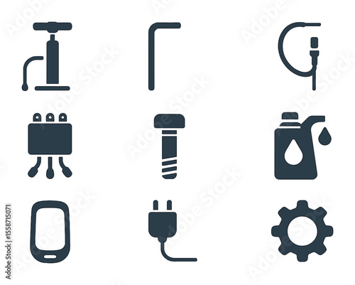 Scooter Maintenance Tools. Flat icon set of scooter maintenance tools: tire pump, Allen wrench, brake cable,